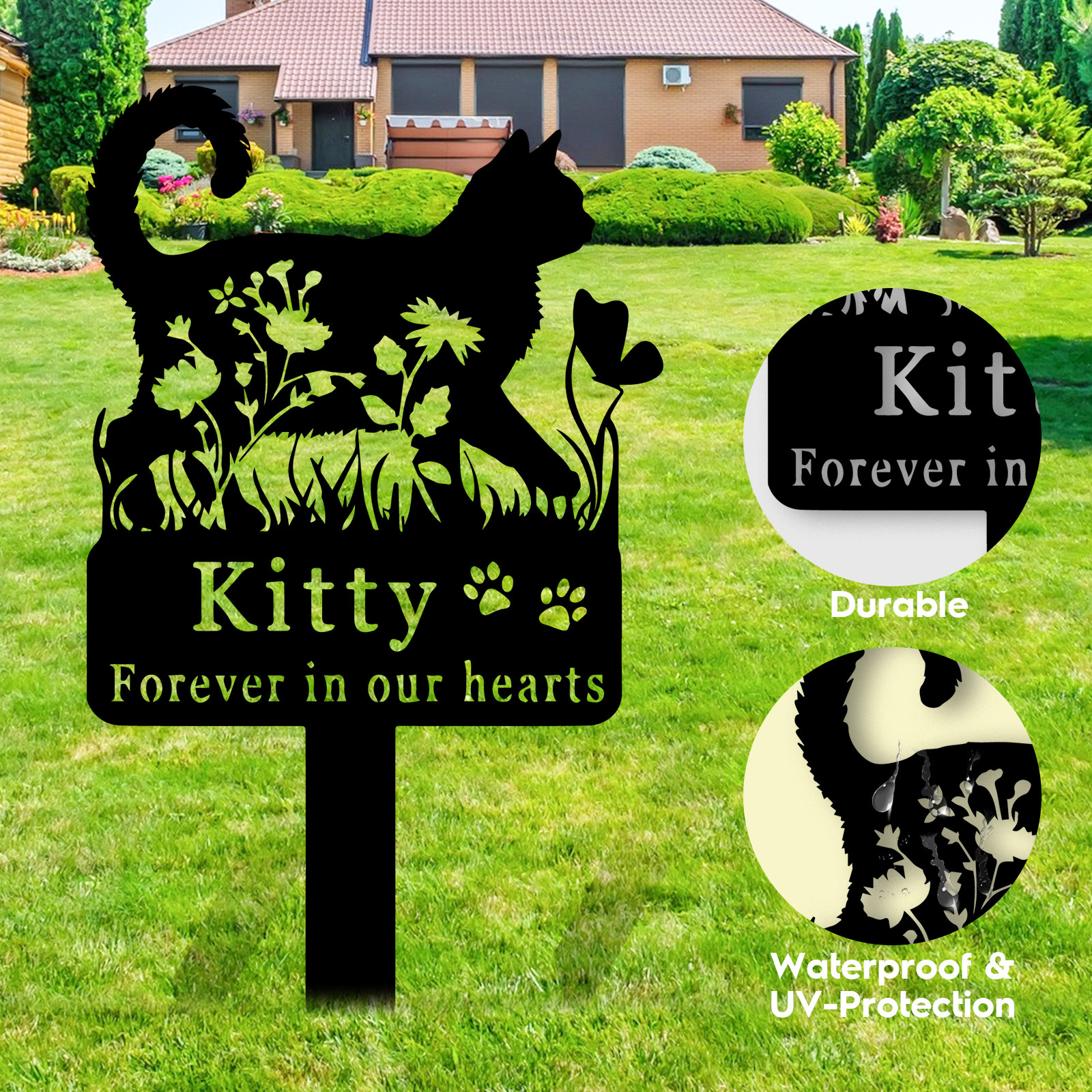 Custom Cat Memorial Stake,Cat Grave Marker,Metal Cat Garden Stake with Flowers