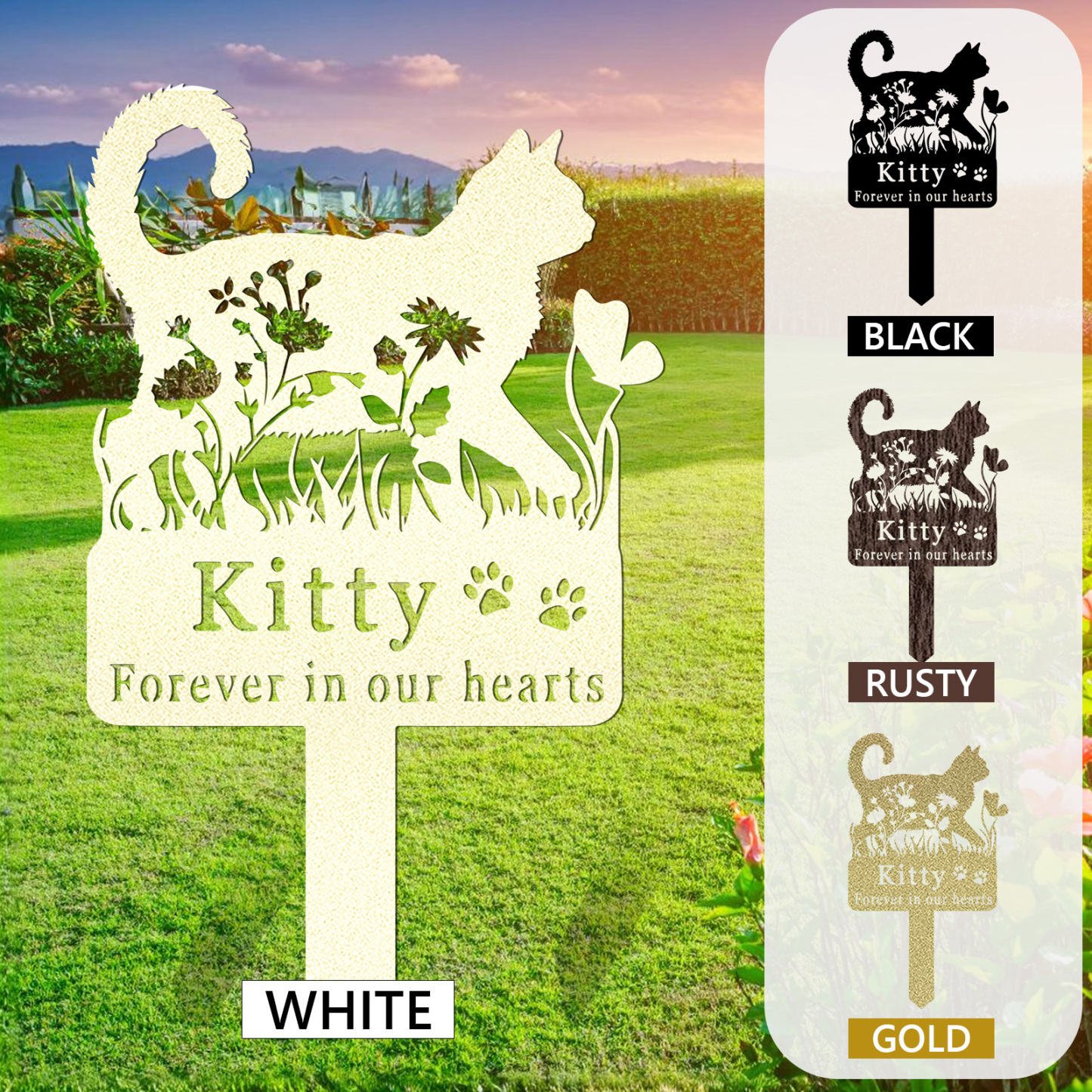 Custom Cat Memorial Stake,Cat Grave Marker,Metal Cat Garden Stake with Flowers