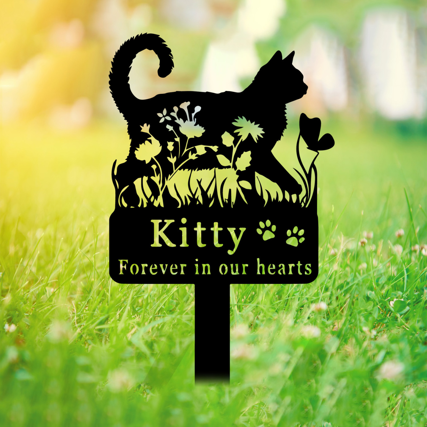 Custom Cat Memorial Stake,Cat Grave Marker,Metal Cat Garden Stake with Flowers
