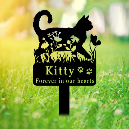 Custom Cat Memorial Stake,Cat Grave Marker,Metal Cat Garden Stake with Flowers