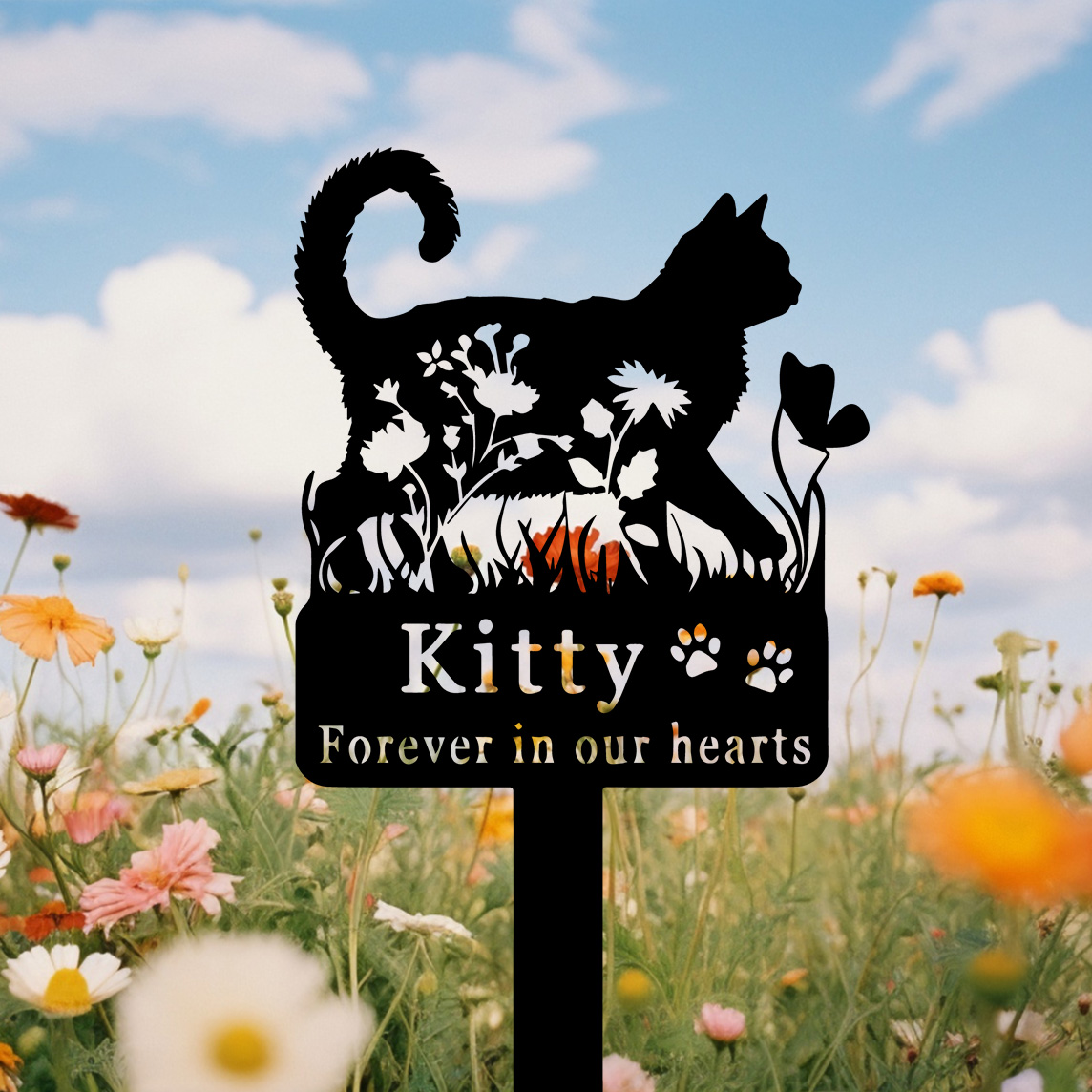 Custom Cat Memorial Stake,Cat Grave Marker,Metal Cat Garden Stake with Flowers