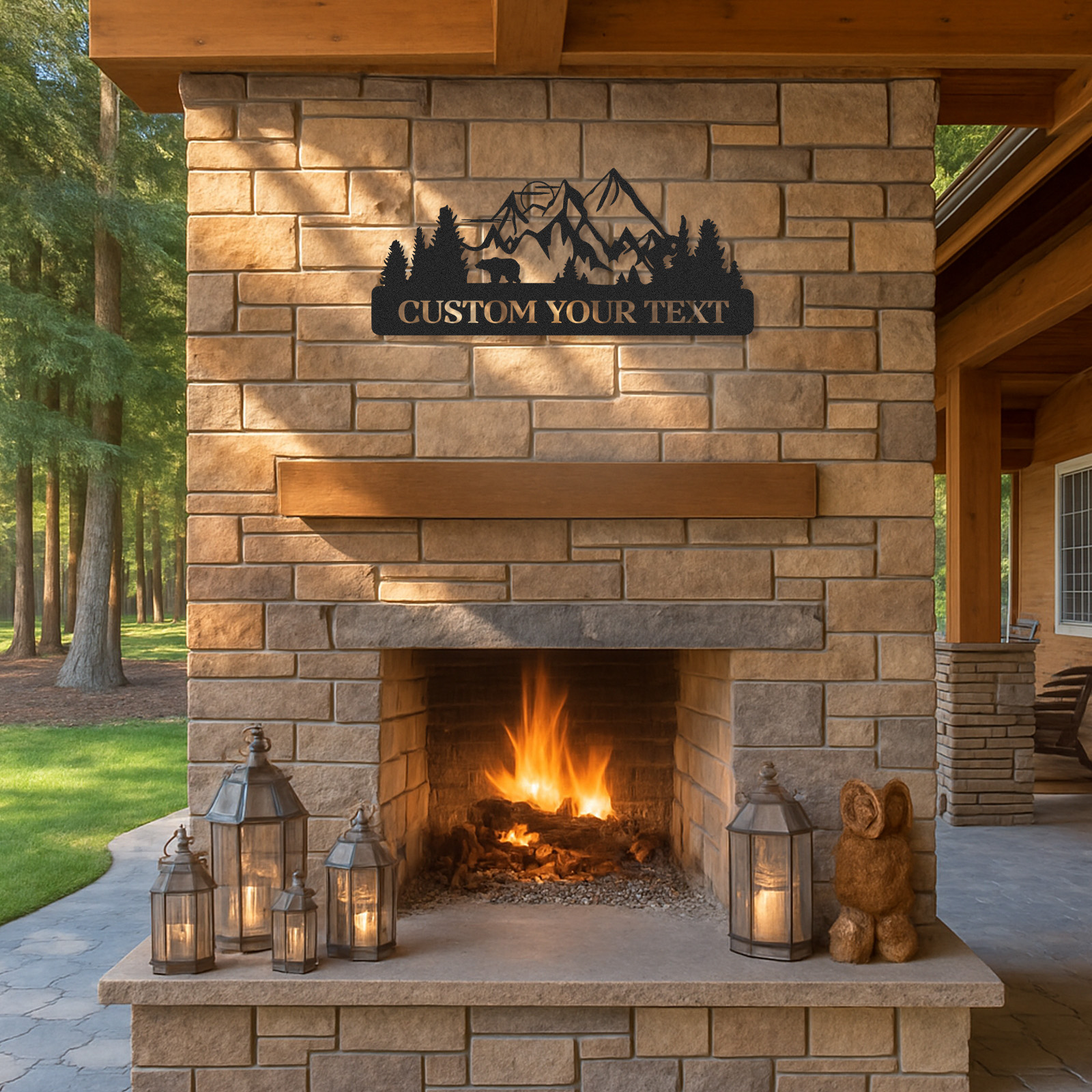 Custom Bear and Mountain Metal Sign, Personalized Cabin Decor, Outdoor Forest Name Sign for Campers