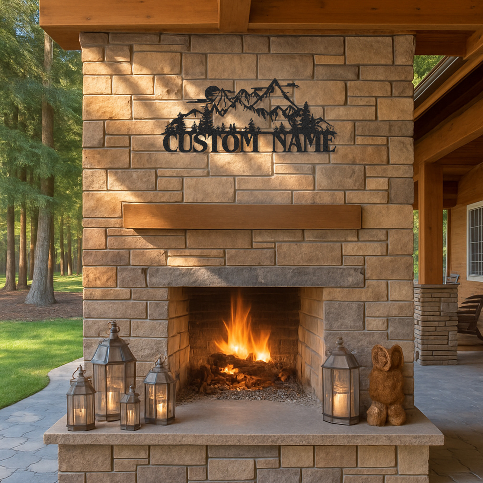 Mountain Landscape Metal Sign, Custom Forest Cabin Wall Decor, Personalized Rustic Name Sign