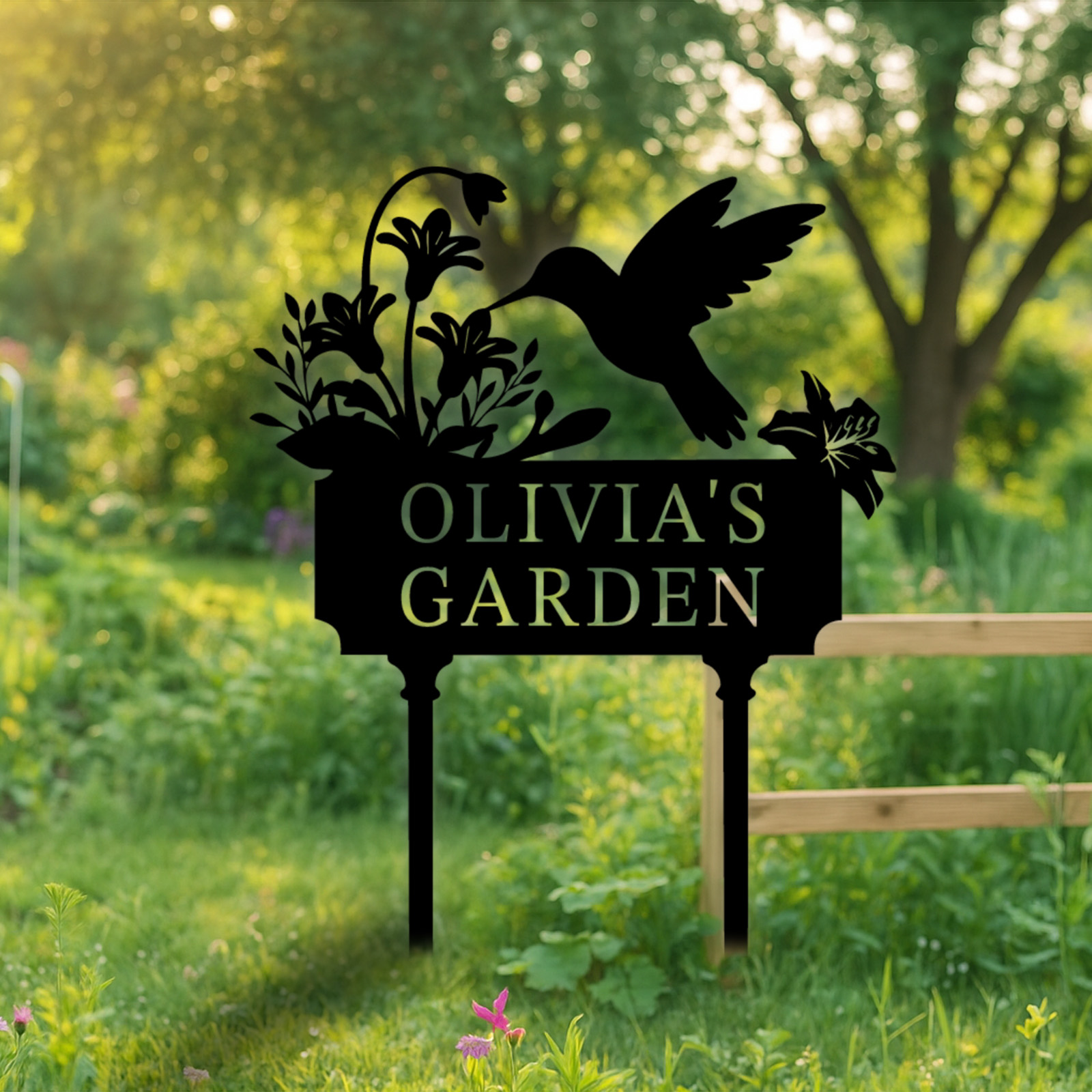 Custom Hummingbird Garden Stake, Personalized Flower Metal Sign with Name for Yard, Flower Bed, or Memorial Garden Decor