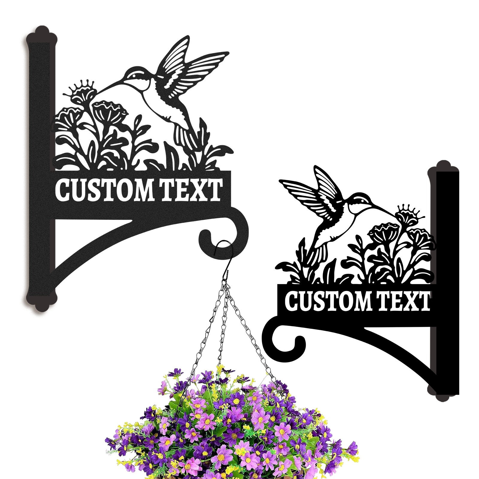 Custom Hummingbird Wall Plant Hanger with Text, Personalized Metal Bracket for Hanging Baskets, Wind Chimes, or Bird Feeders Outdoor Decor