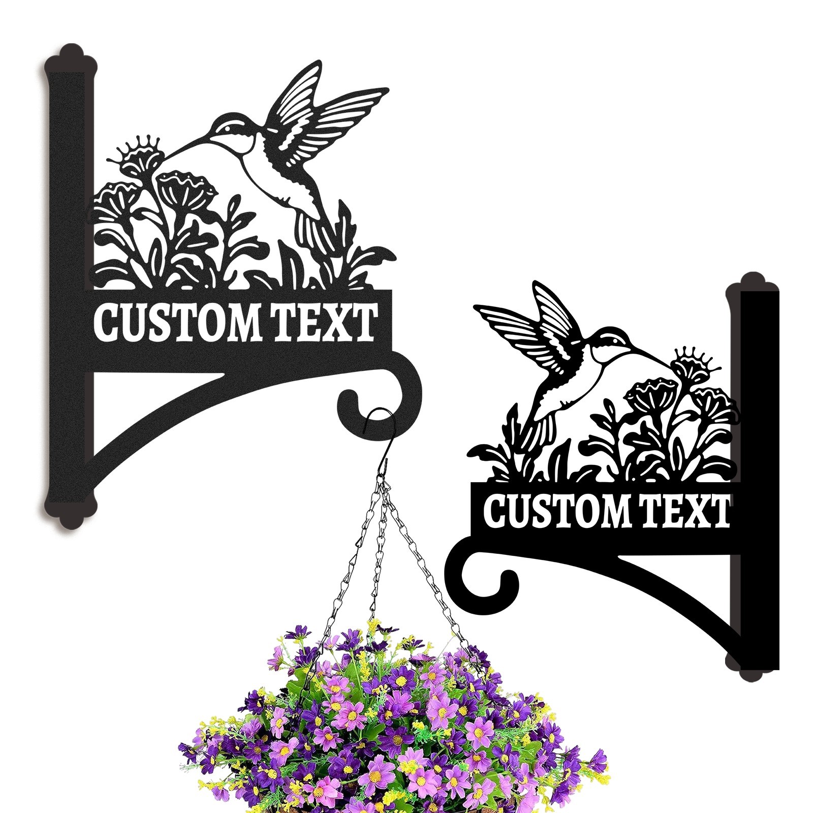 Custom Hummingbird Wall Plant Hanger with Text, Personalized Metal Bracket for Hanging Baskets, Wind Chimes, or Bird Feeders Outdoor Decor