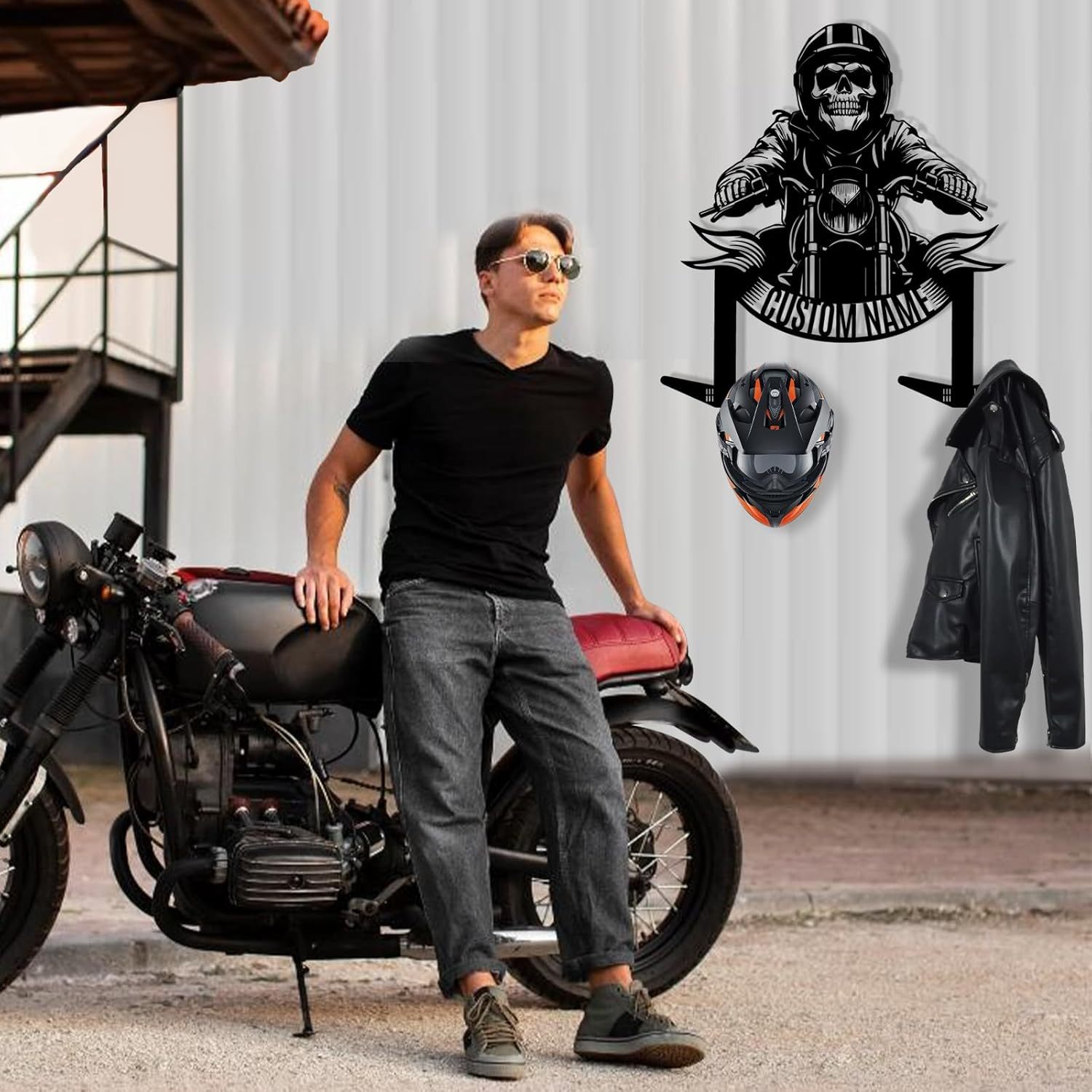 Vintage Iron Motorcycle Helmet Holder , Handmade Wall Hook with Personalized Name-MetalsignX