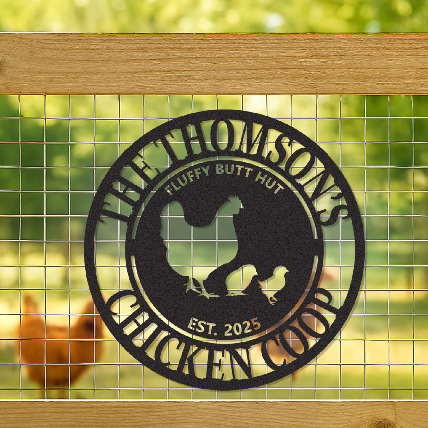 Funny Chicken Coop Sign Fluffy Butt Hut, Custom Round Metal Sign with Name and Year for Backyard Hens