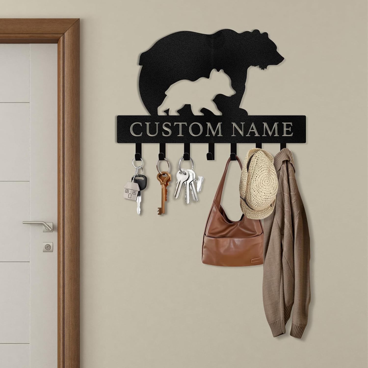 Rustic Metal Key Rack for Lodge & Cabin Decor， Personalized Bear Wall Hook -MetalsignX