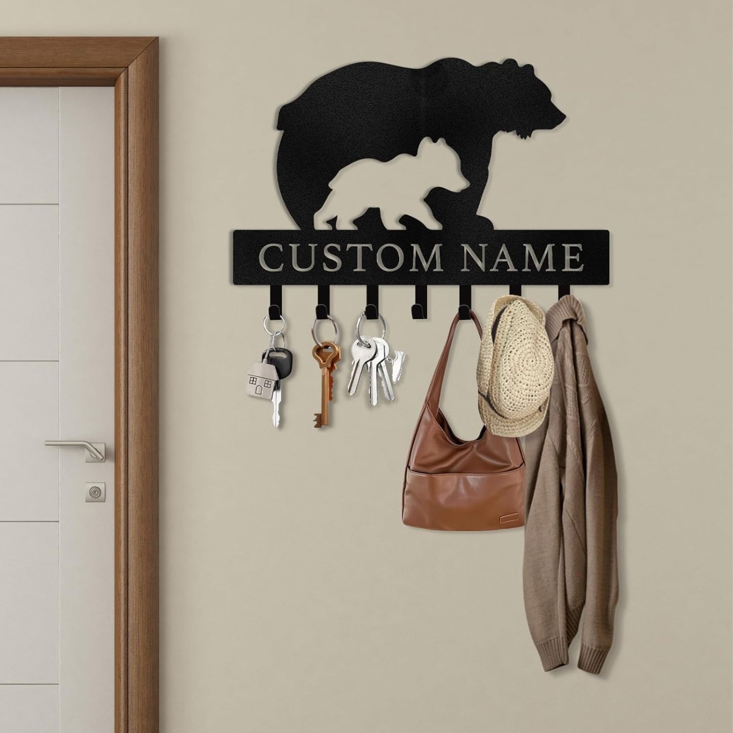 Rustic Metal Key Rack for Lodge & Cabin Decor， Personalized Bear Wall Hook -MetalsignX