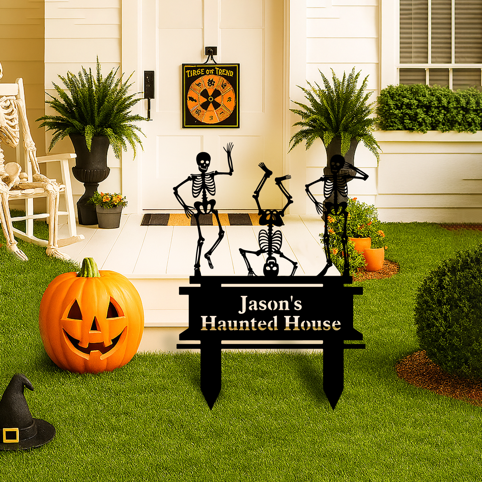 Personalized Skeleton Halloween Decor, Custom Halloween Outdoor Sign, Halloween Garden Sign, Metal Halloween Yard Stake, Custom Name Spooky Outdoor Decor