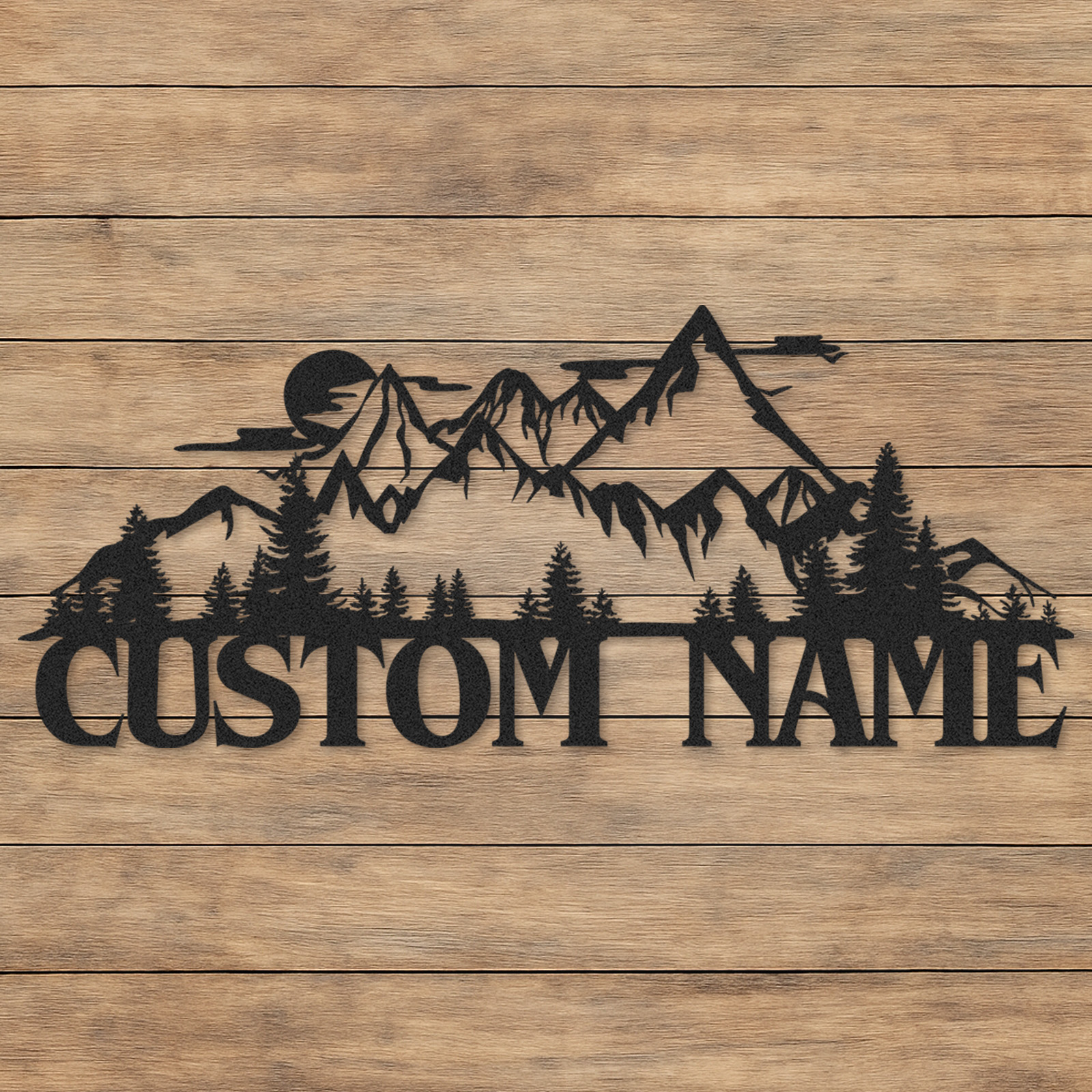 Mountain Landscape Metal Sign, Custom Forest Cabin Wall Decor, Personalized Rustic Name Sign