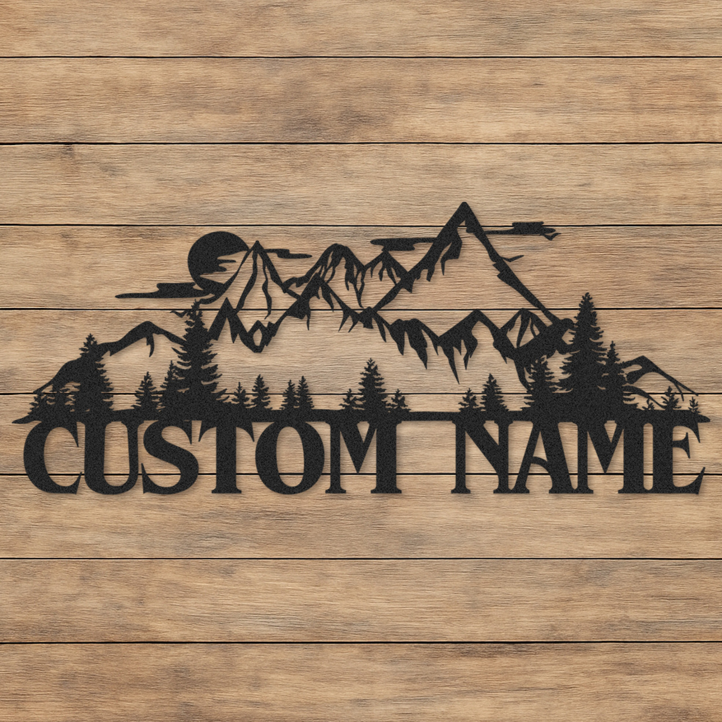 Mountain Landscape Metal Sign, Custom Forest Cabin Wall Decor, Personalized Rustic Name Sign