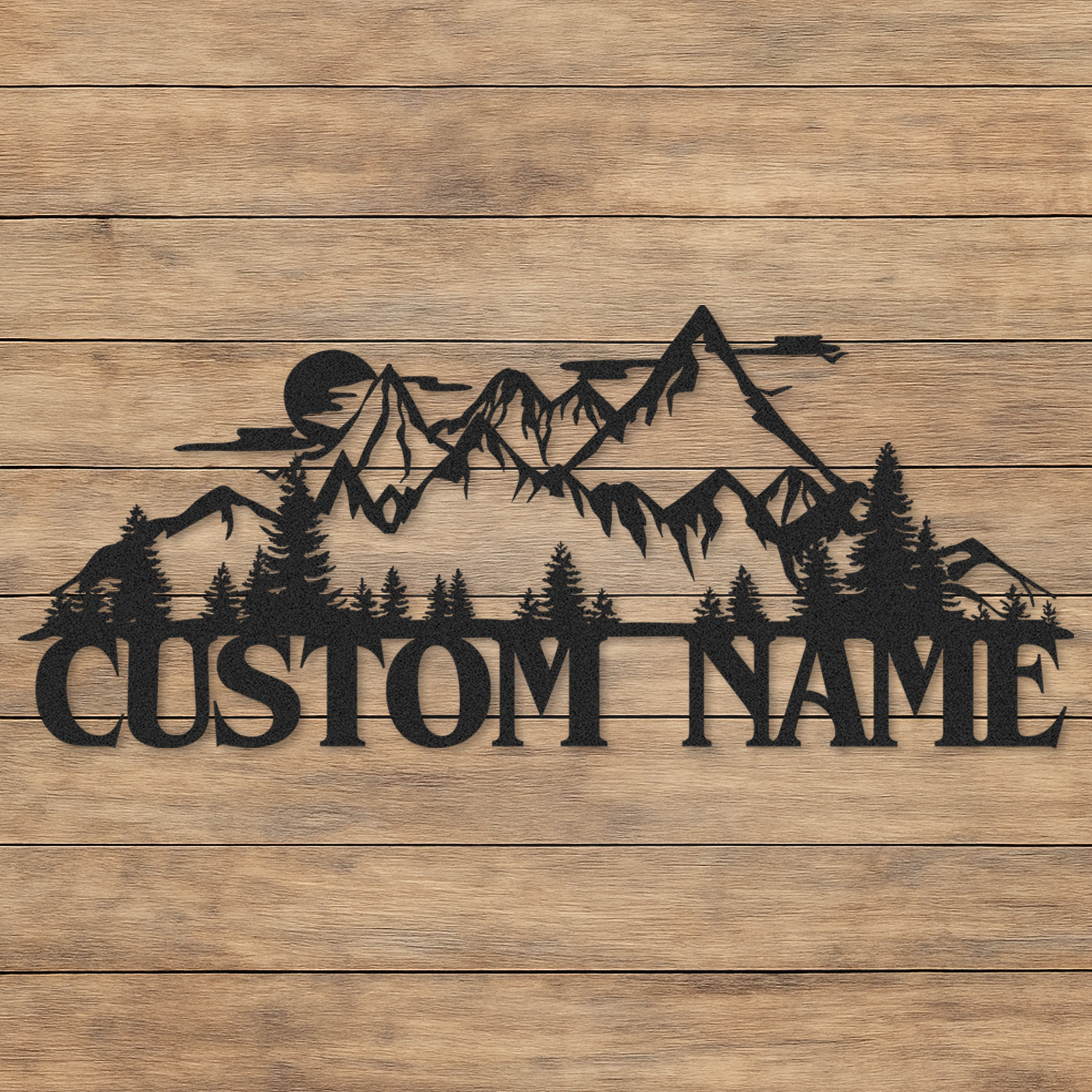 Mountain Landscape Metal Sign, Custom Forest Cabin Wall Decor, Personalized Rustic Name Sign