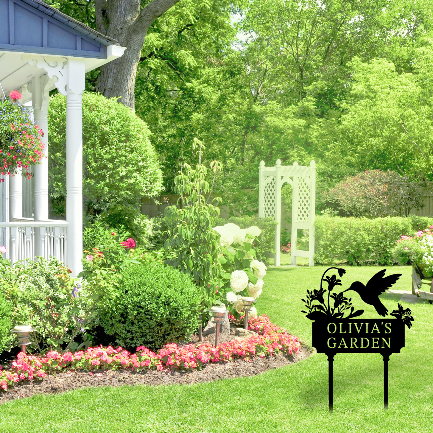 Custom Hummingbird Garden Stake, Personalized Flower Metal Sign with Name for Yard, Flower Bed, or Memorial Garden Decor