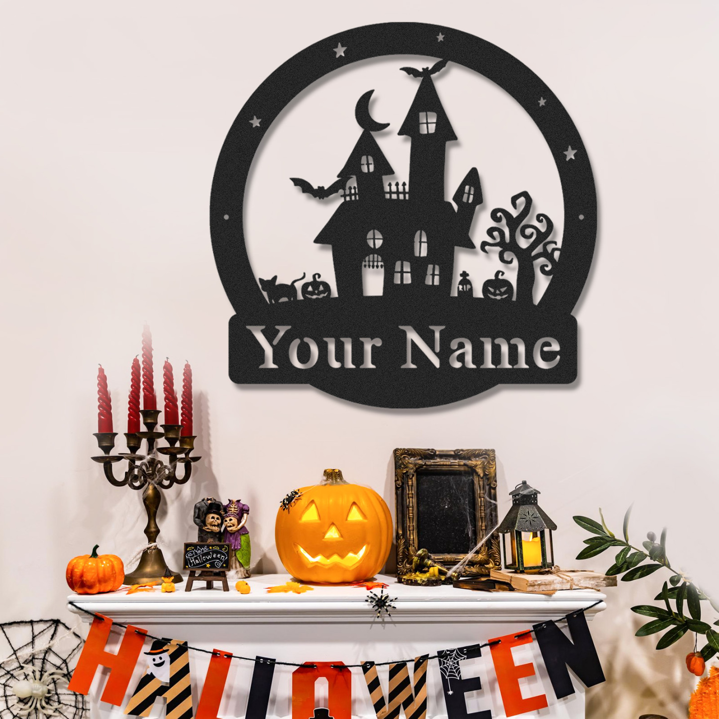 Personalized Halloween Haunted Castle Monogram Metal Sign, Haunted House Wall Sign, Spooky Halloween Wall Decor, Scary Metal Hanging Sign