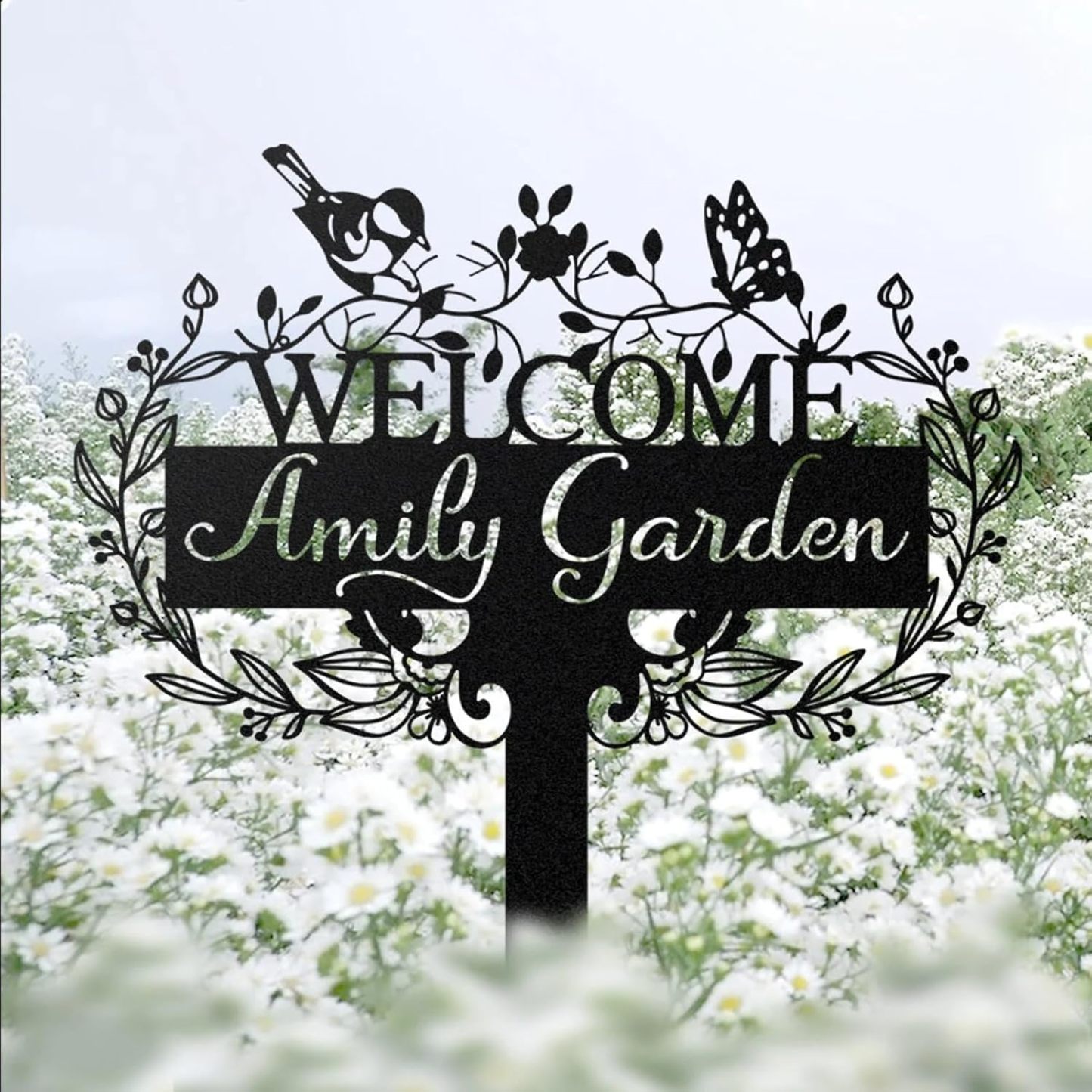 Custom Metal Garden Sign, Customized Butterfly Bird Garden Name Sign, Personalized Garden Signs-MetalsignX