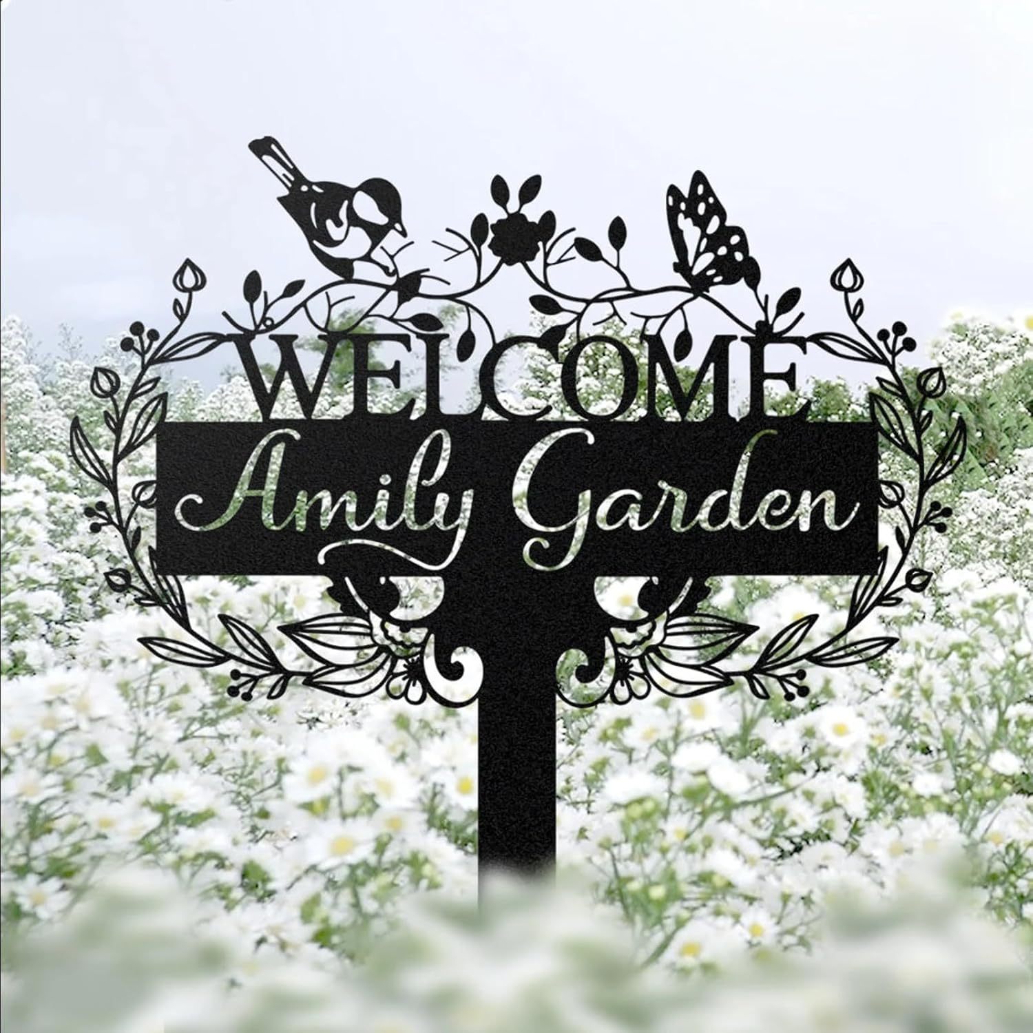 Custom Metal Garden Sign, Customized Butterfly Bird Garden Name Sign, Personalized Garden Signs-MetalsignX