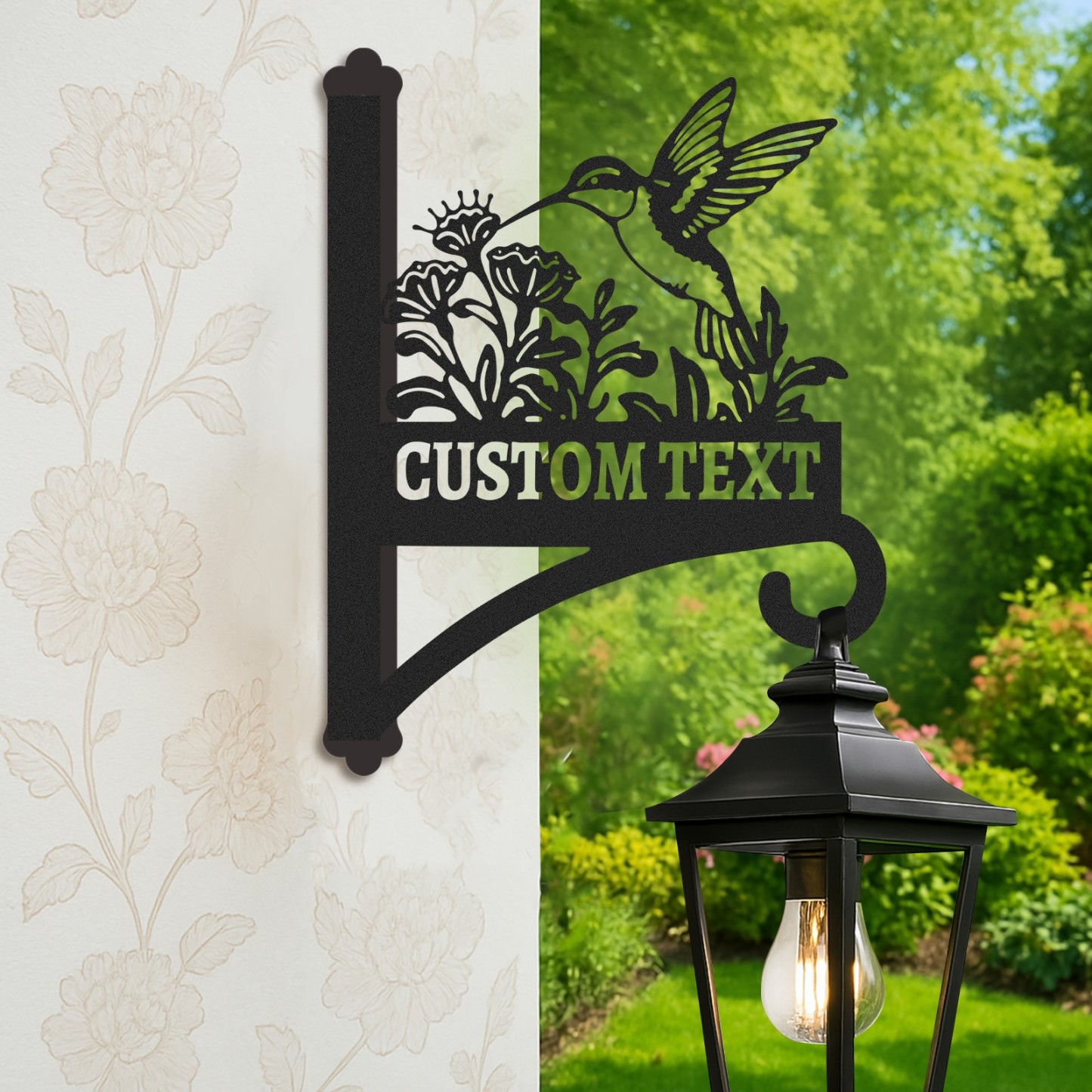 Custom Hummingbird Wall Plant Hanger with Text, Personalized Metal Bracket for Hanging Baskets, Wind Chimes, or Bird Feeders Outdoor Decor