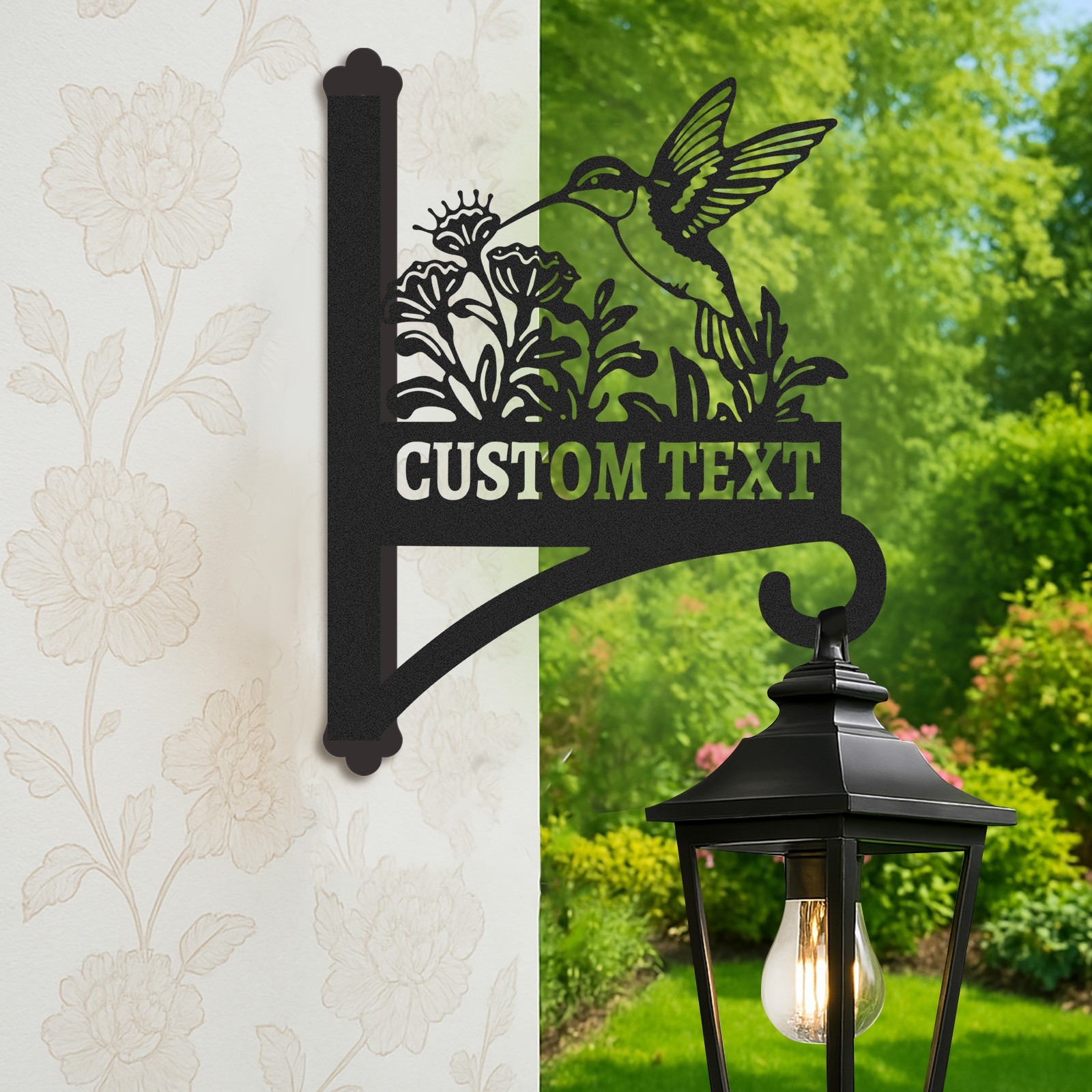 Custom Hummingbird Wall Plant Hanger with Text, Personalized Metal Bracket for Hanging Baskets, Wind Chimes, or Bird Feeders Outdoor Decor