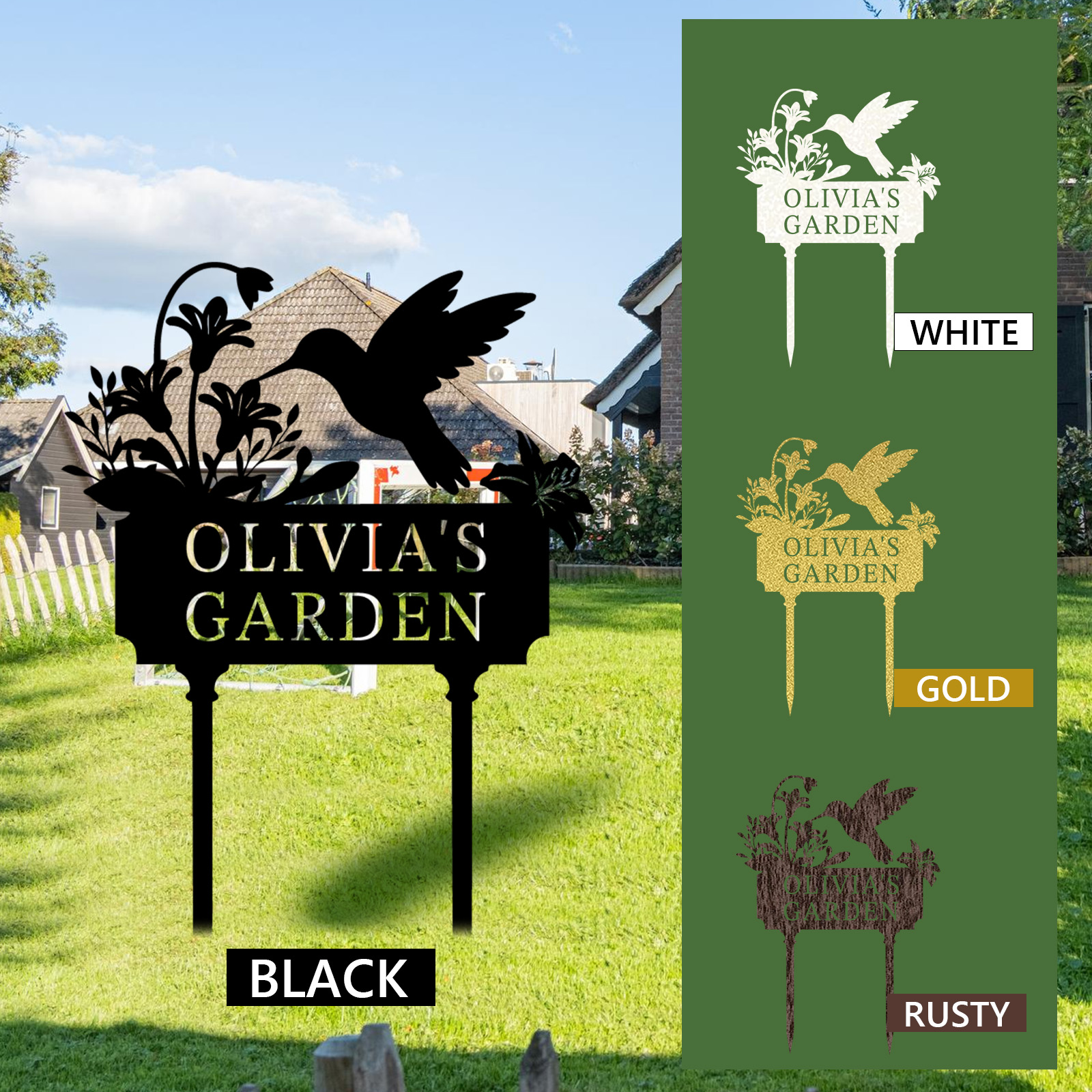 Custom Hummingbird Garden Stake, Personalized Flower Metal Sign with Name for Yard, Flower Bed, or Memorial Garden Decor