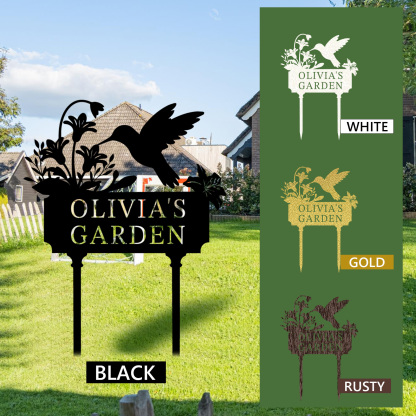 Custom Hummingbird Garden Stake, Personalized Flower Metal Sign with Name for Yard, Flower Bed, or Memorial Garden Decor
