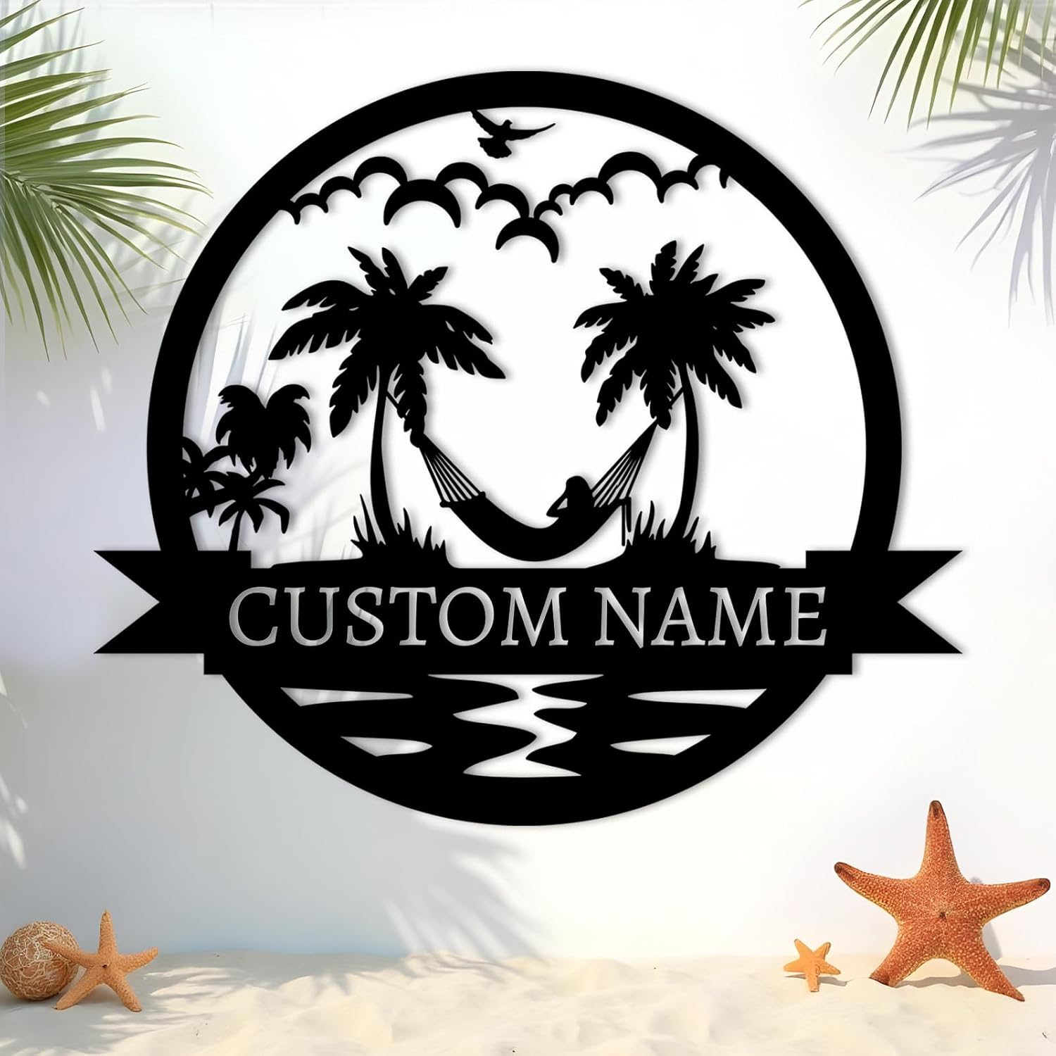 Personalized Metal Beach Signs, Backyard Oasis Sign, Porch Signs Outdoor, Coastal Beach Scene Custom Last Name Sign