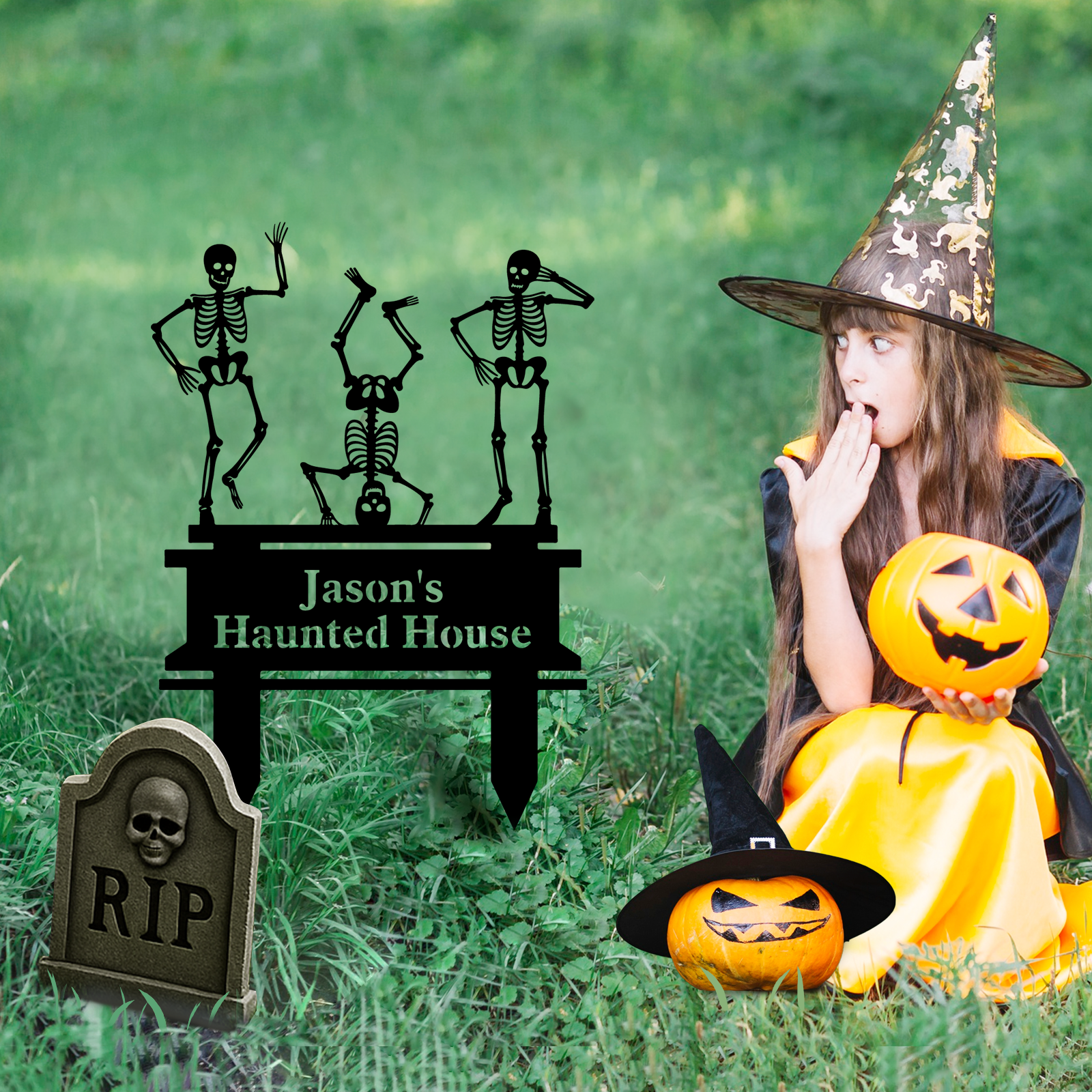 Personalized Skeleton Halloween Decor, Custom Halloween Outdoor Sign, Halloween Garden Sign, Metal Halloween Yard Stake, Custom Name Spooky Outdoor Decor