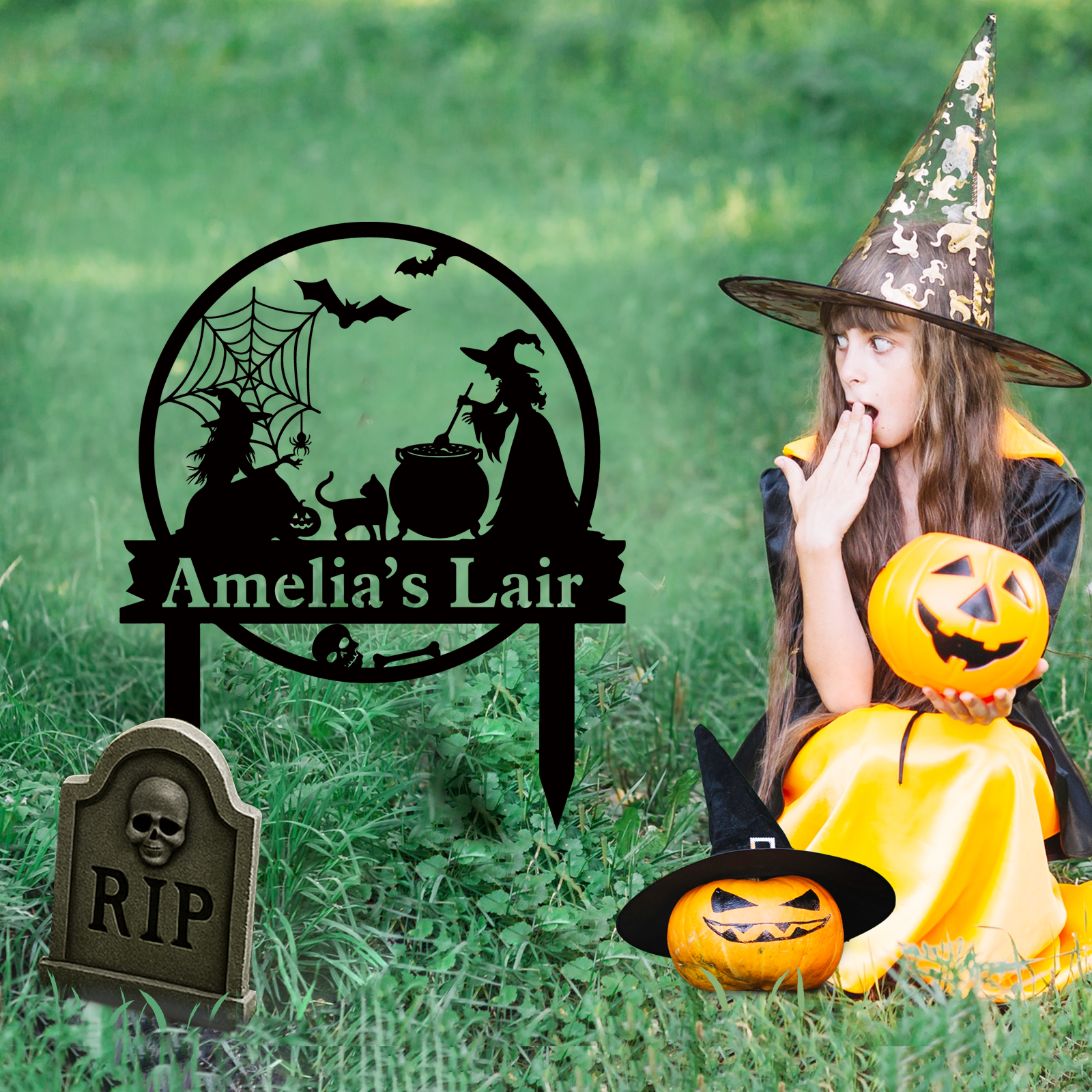 Personalized Metal Witch Garden Sign With Stakes Halloween Outdoor Decor Personalized Halloween Witches Stake, Witch Spooky Yard Stake
