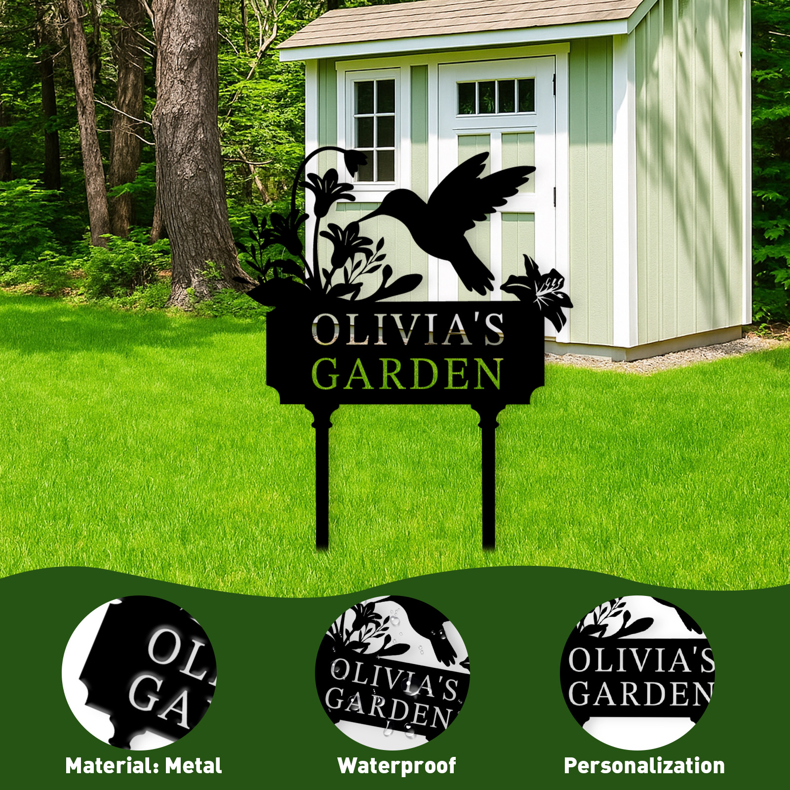 Custom Hummingbird Garden Stake, Personalized Flower Metal Sign with Name for Yard, Flower Bed, or Memorial Garden Decor