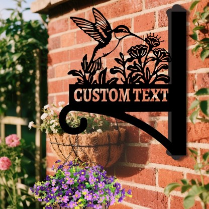 Custom Hummingbird Wall Plant Hanger with Text, Personalized Metal Bracket for Hanging Baskets, Wind Chimes, or Bird Feeders Outdoor Decor