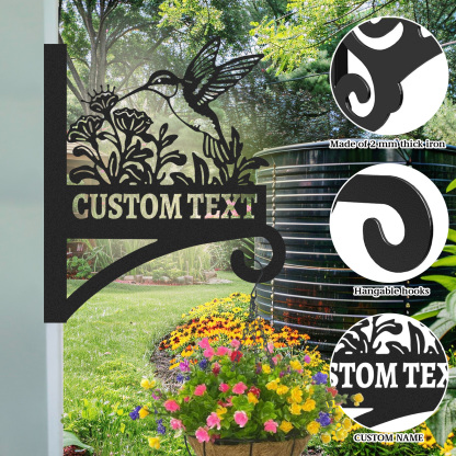 Custom Hummingbird Wall Plant Hanger with Text, Personalized Metal Bracket for Hanging Baskets, Wind Chimes, or Bird Feeders Outdoor Decor