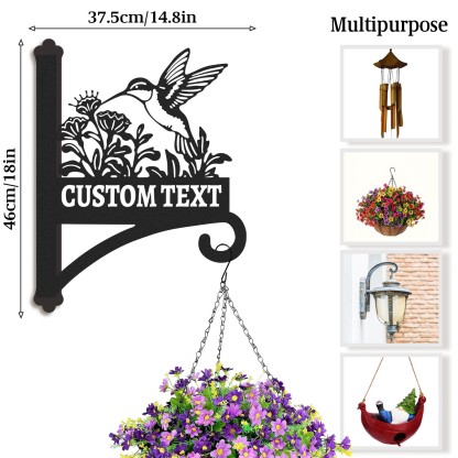Custom Hummingbird Wall Plant Hanger with Text, Personalized Metal Bracket for Hanging Baskets, Wind Chimes, or Bird Feeders Outdoor Decor
