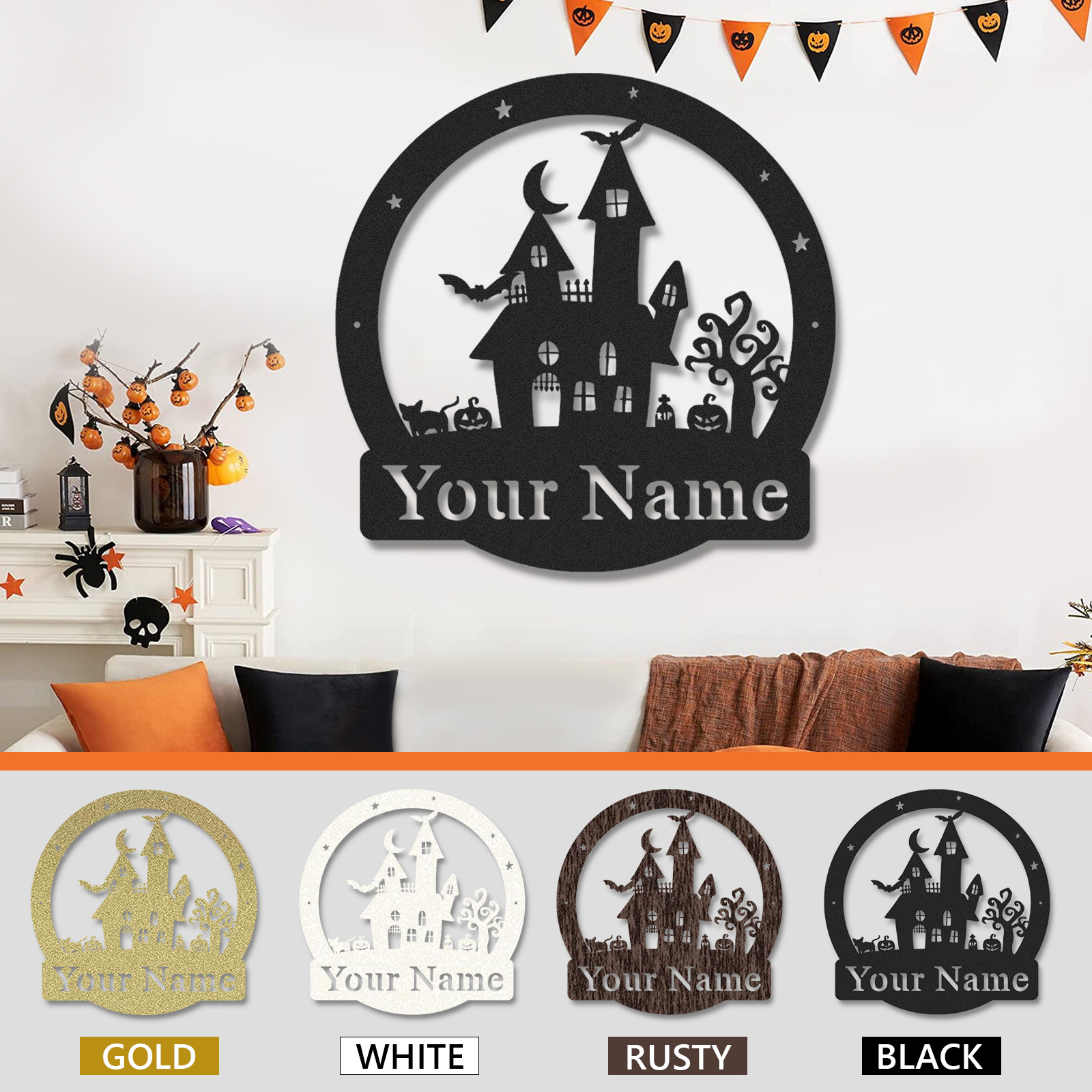 Personalized Halloween Haunted Castle Monogram Metal Sign, Haunted House Wall Sign, Spooky Halloween Wall Decor, Scary Metal Hanging Sign