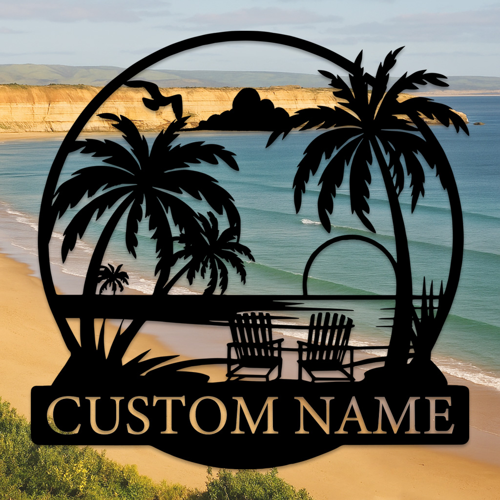Custom Tropical Beach Sunset Sign, Personalized Palm Tree and Chair Wall Art for Patio, Poolside, or Coastal Vacation Home Decor