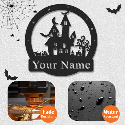 Personalized Halloween Haunted Castle Monogram Metal Sign, Haunted House Wall Sign, Spooky Halloween Wall Decor, Scary Metal Hanging Sign