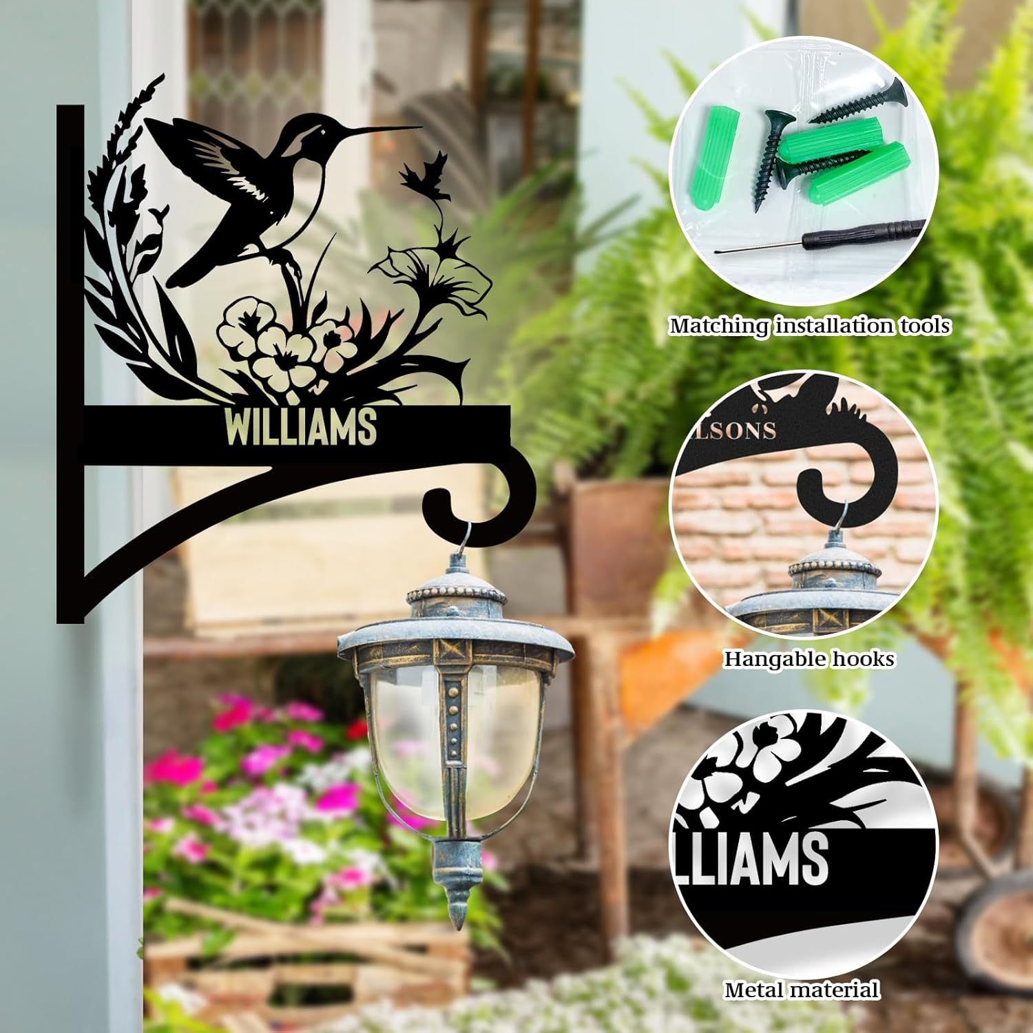 Personalized Iron Hanging Plant Bracket, Customizable Decorative Wall Plant Hanger Indoor Outdoor, Custom Name Bird Feeder Hook, Anti Rust Metal Hook for Wind Chimes Lantern