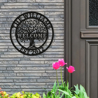 Custom Welcome Family Tree of Life Name Sign, Personalized Metal Wall Art Deco, Metal Home Sign, Wall Hanging Olive Tree Door Sign