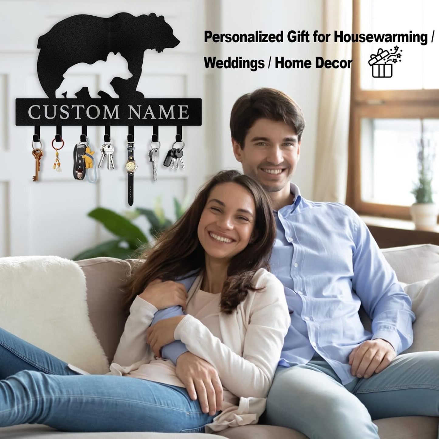 Rustic Metal Key Rack for Lodge & Cabin Decor， Personalized Bear Wall Hook -MetalsignX