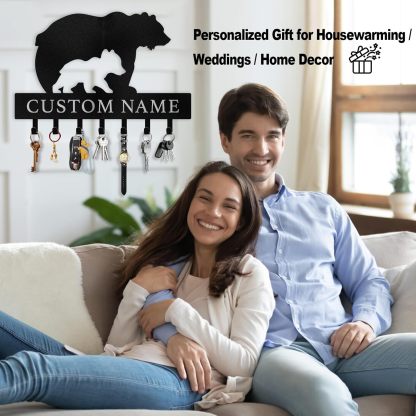 Rustic Metal Key Rack for Lodge & Cabin Decor， Personalized Bear Wall Hook -MetalsignX