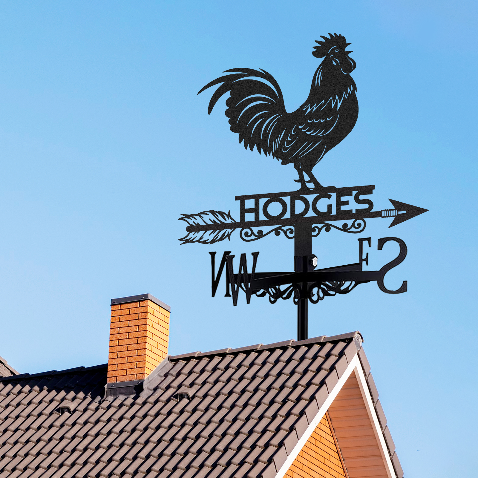Personalized Rooster Metal Weather Vane with Custom Family Name, Farmhouse Roof Wind Direction Indicator Outdoor Yard Barn Decor