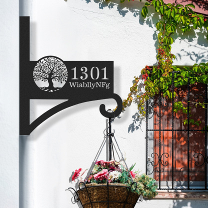 Custom Tree of Life Wall Plant Hanger with House Number, Personalized Address Sign Metal Hanging Bracket, Outdoor Home Décor Hook with Family Name