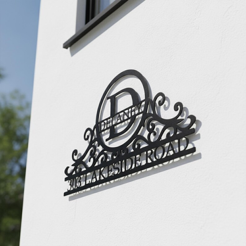 Custom Swirly Monogram Metal Address Sign, Personalized House Number Plaque with Family Name and Initial, Outdoor Metal Wall Decor