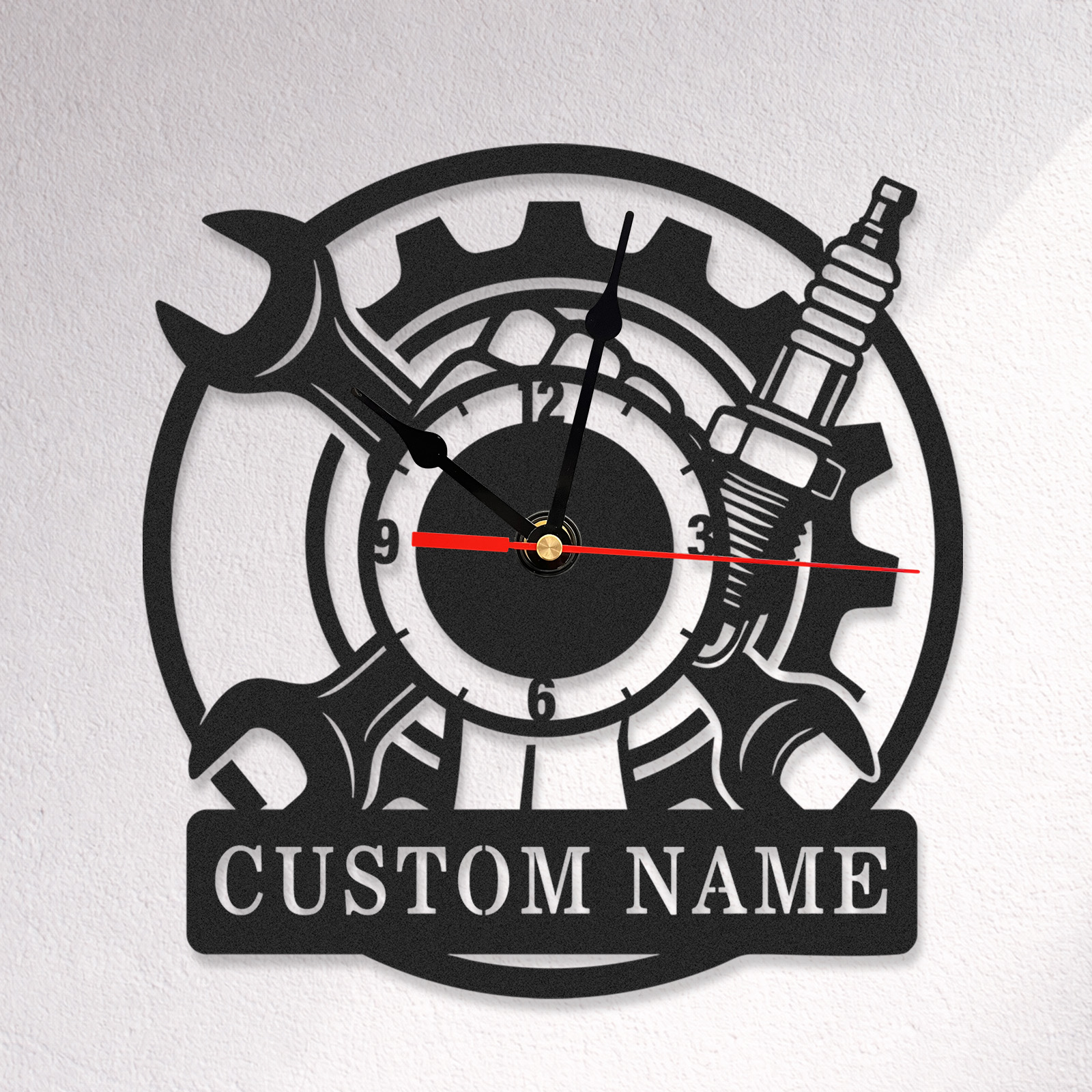 Personalized Mechanic Metal Wall Clock with Custom Name, Gear and Wrench Design, Silent Battery Operated Garage Workshop Decor
