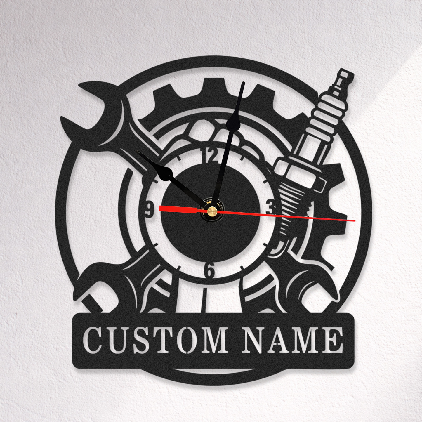 Personalized Mechanic Metal Wall Clock with Custom Name, Gear and Wrench Design, Silent Battery Operated Garage Workshop Decor