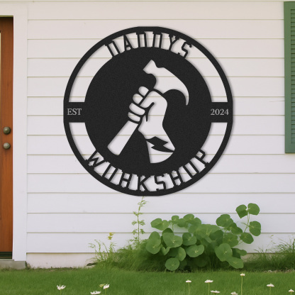 Personalized Daddy's Workshop Metal Sign, Custom Workshop Sign with Hammer Design, Garage Wall Decor, Father's Day Gift for Dad or Grandpa