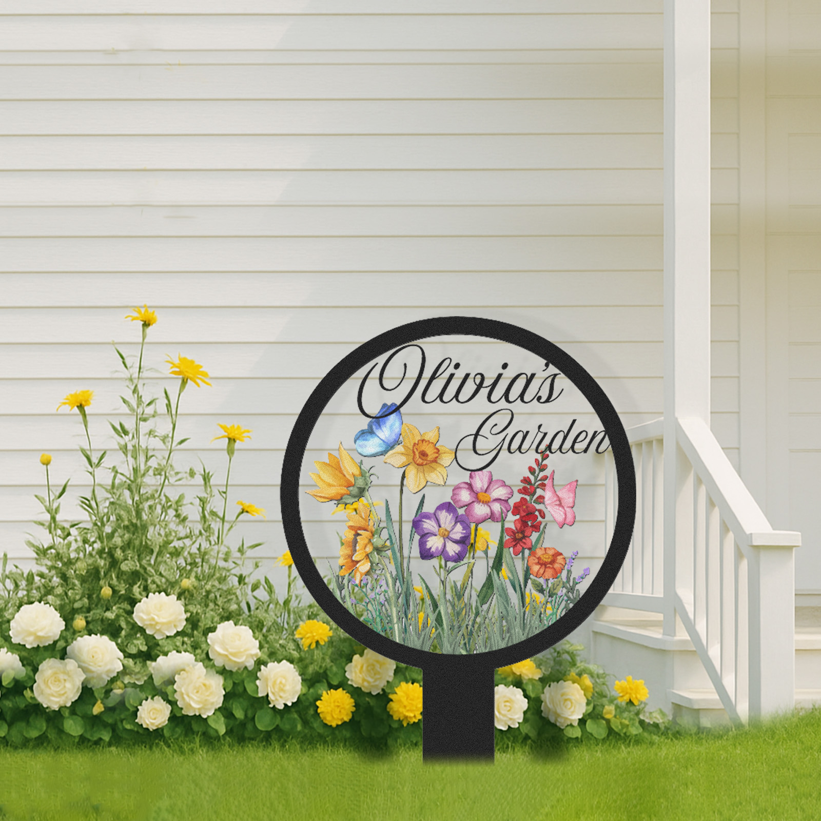 Personalized Garden Name Sign, Custom Colorful Flower Butterfly Metal Yard Sign, Round Garden Stake Outdoor Decor for Backyard, Patio, or Planter