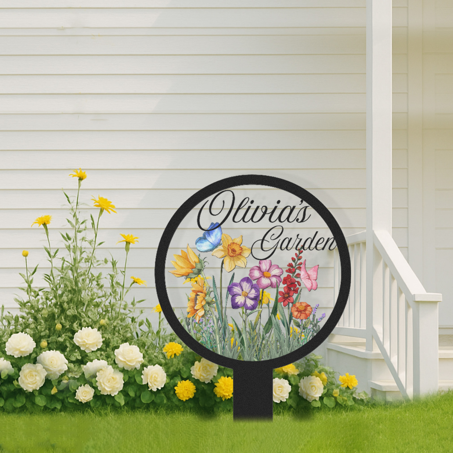 Personalized Garden Name Sign, Custom Colorful Flower Butterfly Metal Yard Sign, Round Garden Stake Outdoor Decor for Backyard, Patio, or Planter