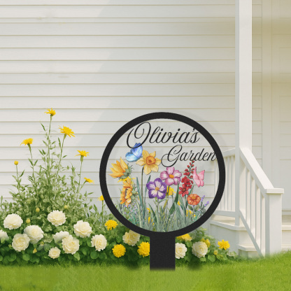 Personalized Garden Name Sign, Custom Colorful Flower Butterfly Metal Yard Sign, Round Garden Stake Outdoor Decor for Backyard, Patio, or Planter