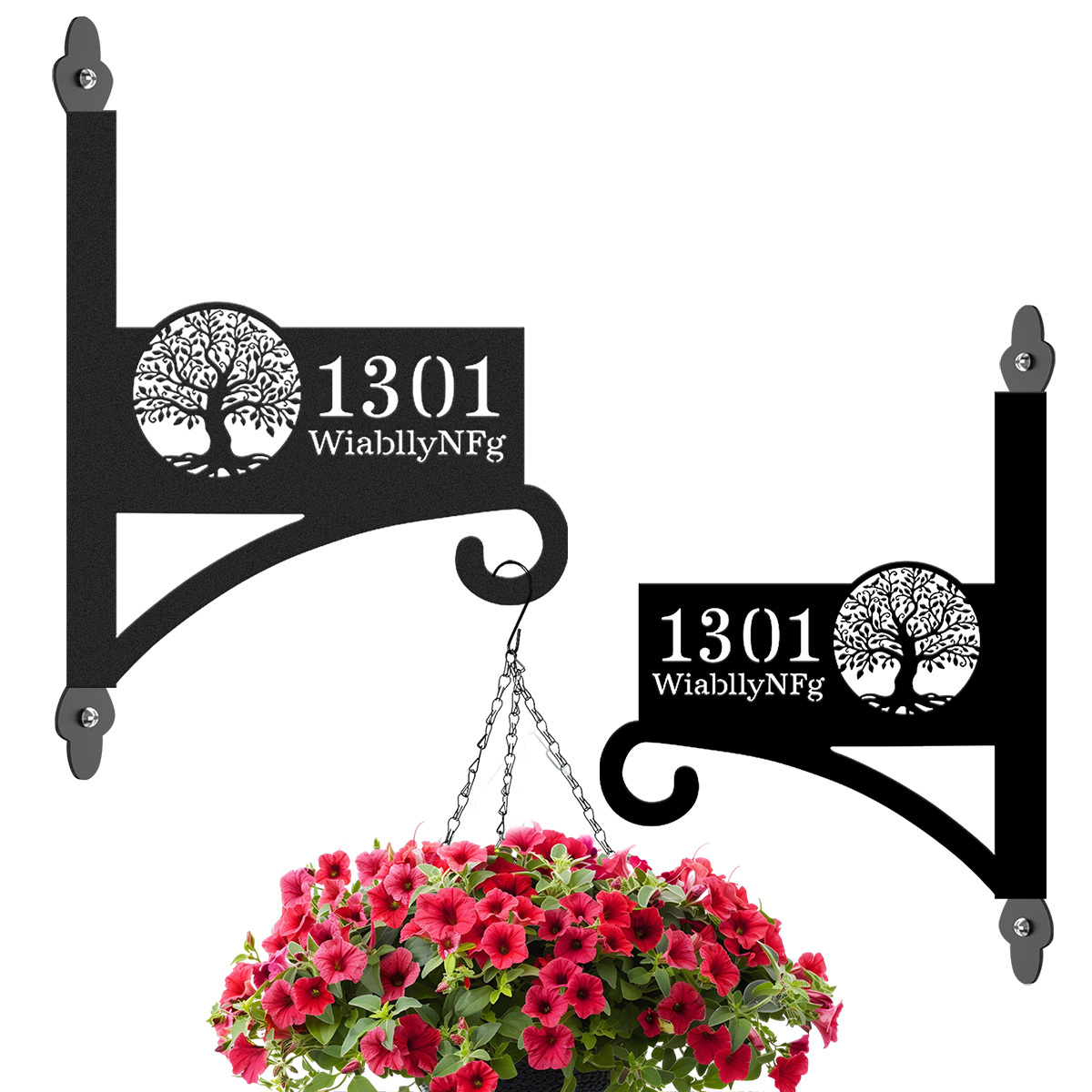 Custom Tree of Life Wall Plant Hanger with House Number, Personalized Address Sign Metal Hanging Bracket, Outdoor Home Décor Hook with Family Name